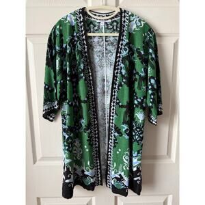 Chico’s Green Black Knit Kimono Cardigan Sz 1 Medium Linen Blend Resort Coastal